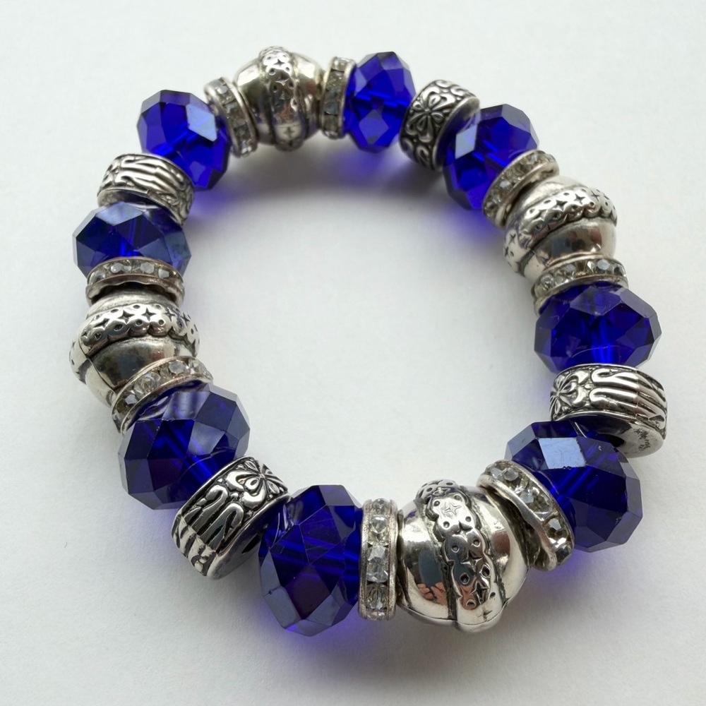 Silver-Accent Stretch Bracelet with Cobalt Blue Faceted Beads